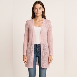 212 New York Open Knit Cardigan Women’s XL Pink Crochet Boho Hippie Beach Coast